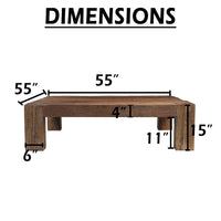 Kiosk 55 Inch Square Coffee Table, Reclaimed Wood, Rustic Brown Finish, Block Style Legs-UPT-352086
