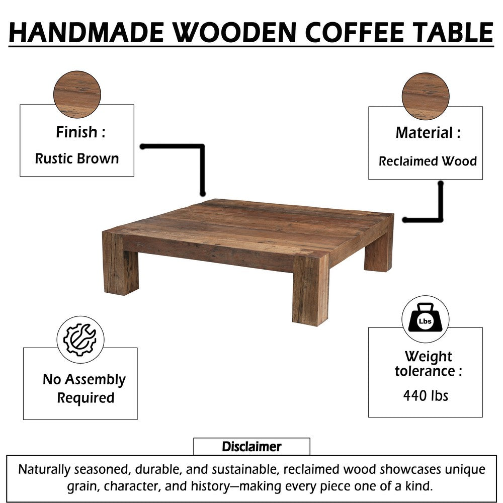 Kiosk 55 Inch Square Coffee Table, Reclaimed Wood, Rustic Brown Finish, Block Style Legs-UPT-352086