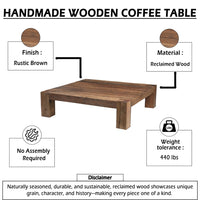 Kiosk 55 Inch Square Coffee Table, Reclaimed Wood, Rustic Brown Finish, Block Style Legs-UPT-352086