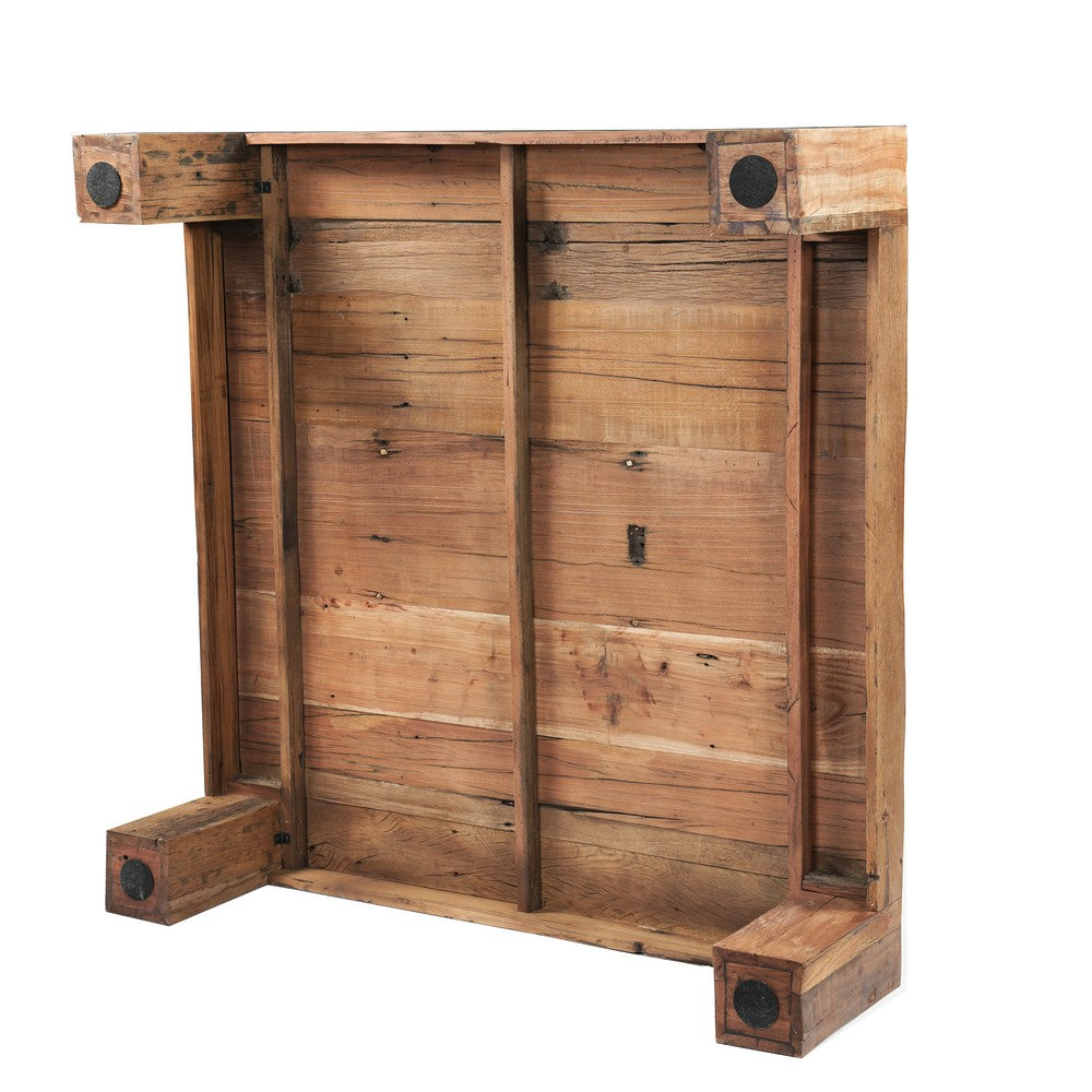 Kiosk 55 Inch Square Coffee Table, Reclaimed Wood, Rustic Brown Finish, Block Style Legs-UPT-352086
