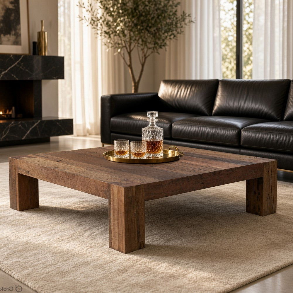Kiosk 55 Inch Square Coffee Table, Reclaimed Wood, Rustic Brown Finish, Block Style Legs-UPT-352086