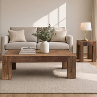 Kiosk 55 Inch Square Coffee Table, Reclaimed Wood, Rustic Brown Finish, Block Style Legs-UPT-352086