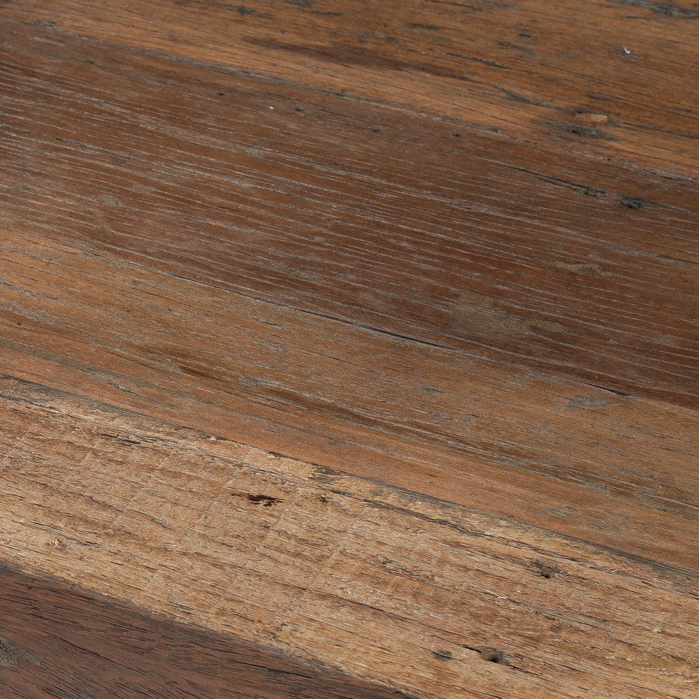 Kiosk 55 Inch Square Coffee Table, Reclaimed Wood, Rustic Brown Finish, Block Style Legs-UPT-352086