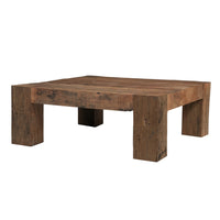 Kiosk 40 Inch Square Coffee Table, Reclaimed Wood, Rustic Brown Finish, Chunky Block Legs-UPT-352087