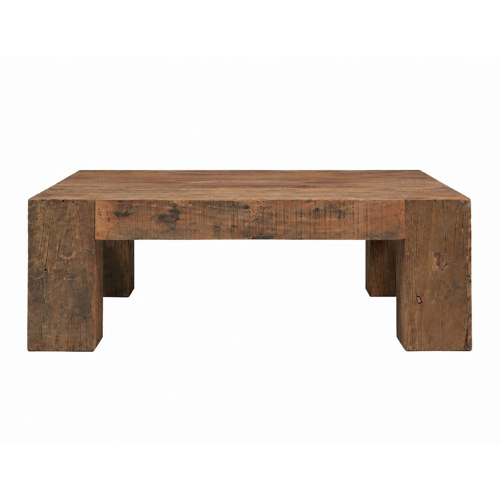 Kiosk 40 Inch Square Coffee Table, Reclaimed Wood, Rustic Brown Finish, Chunky Block Legs-UPT-352087