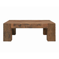 Kiosk 40 Inch Square Coffee Table, Reclaimed Wood, Rustic Brown Finish, Chunky Block Legs-UPT-352087