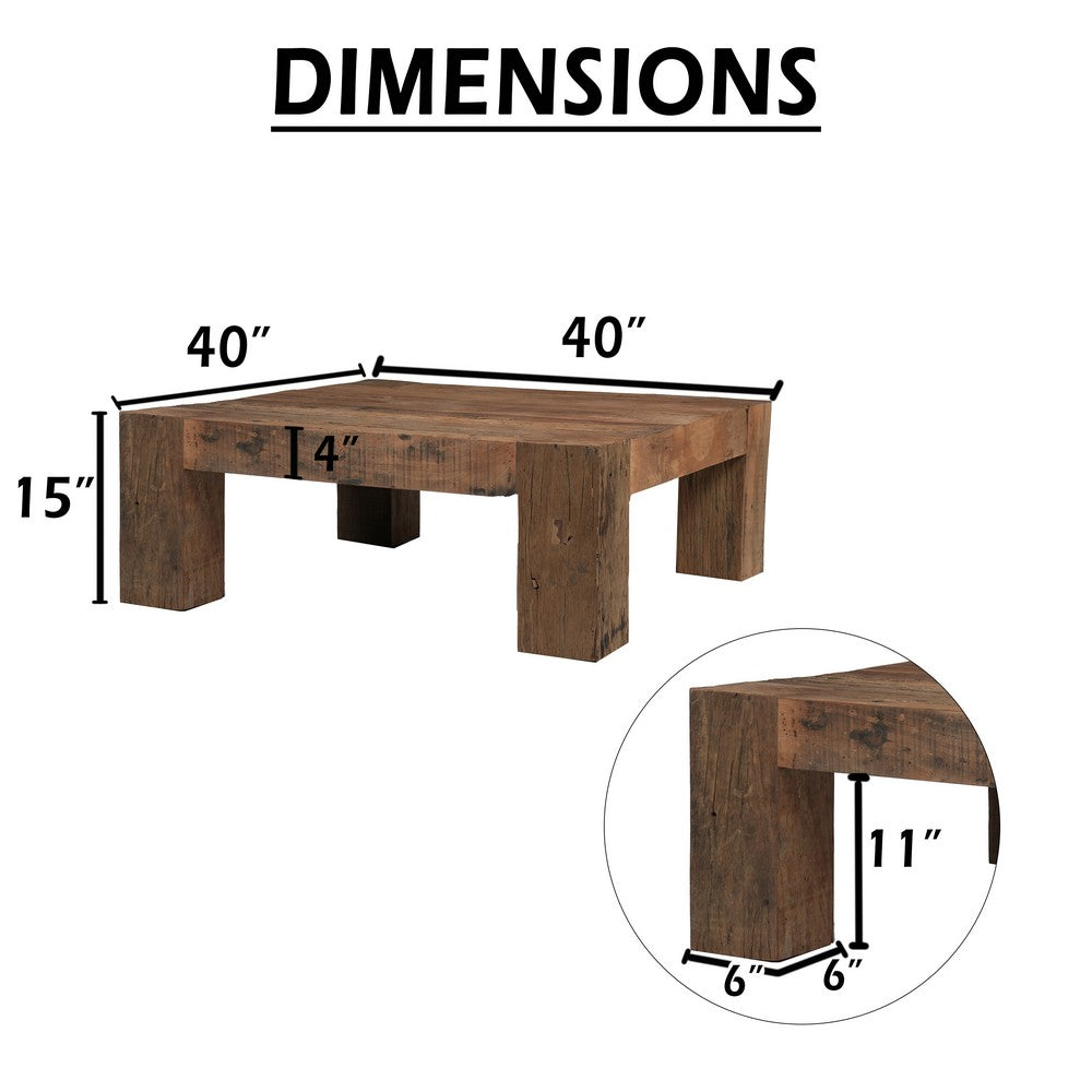 Kiosk 40 Inch Square Coffee Table, Reclaimed Wood, Rustic Brown Finish, Chunky Block Legs-UPT-352087