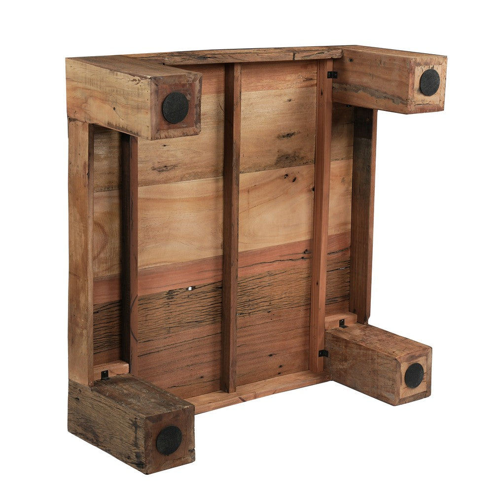Kiosk 40 Inch Square Coffee Table, Reclaimed Wood, Rustic Brown Finish, Chunky Block Legs-UPT-352087