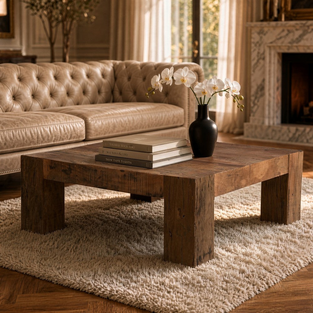 Kiosk 40 Inch Square Coffee Table, Reclaimed Wood, Rustic Brown Finish, Chunky Block Legs-UPT-352087