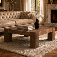 Kiosk 40 Inch Square Coffee Table, Reclaimed Wood, Rustic Brown Finish, Chunky Block Legs-UPT-352087