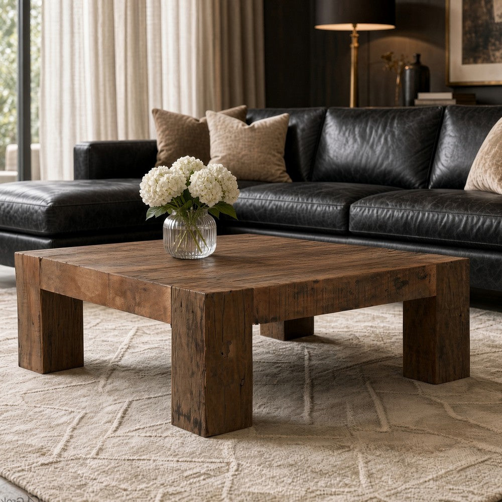 Kiosk 40 Inch Square Coffee Table, Reclaimed Wood, Rustic Brown Finish, Chunky Block Legs-UPT-352087