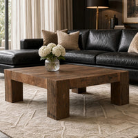 Kiosk 40 Inch Square Coffee Table, Reclaimed Wood, Rustic Brown Finish, Chunky Block Legs-UPT-352087