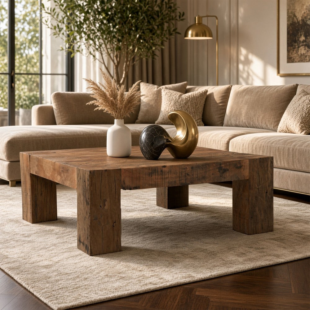 Kiosk 40 Inch Square Coffee Table, Reclaimed Wood, Rustic Brown Finish, Chunky Block Legs-UPT-352087