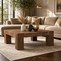 Kiosk 40 Inch Square Coffee Table, Reclaimed Wood, Rustic Brown Finish, Chunky Block Legs-UPT-352087
