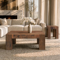 Kiosk 40 Inch Square Coffee Table, Reclaimed Wood, Rustic Brown Finish, Chunky Block Legs-UPT-352087