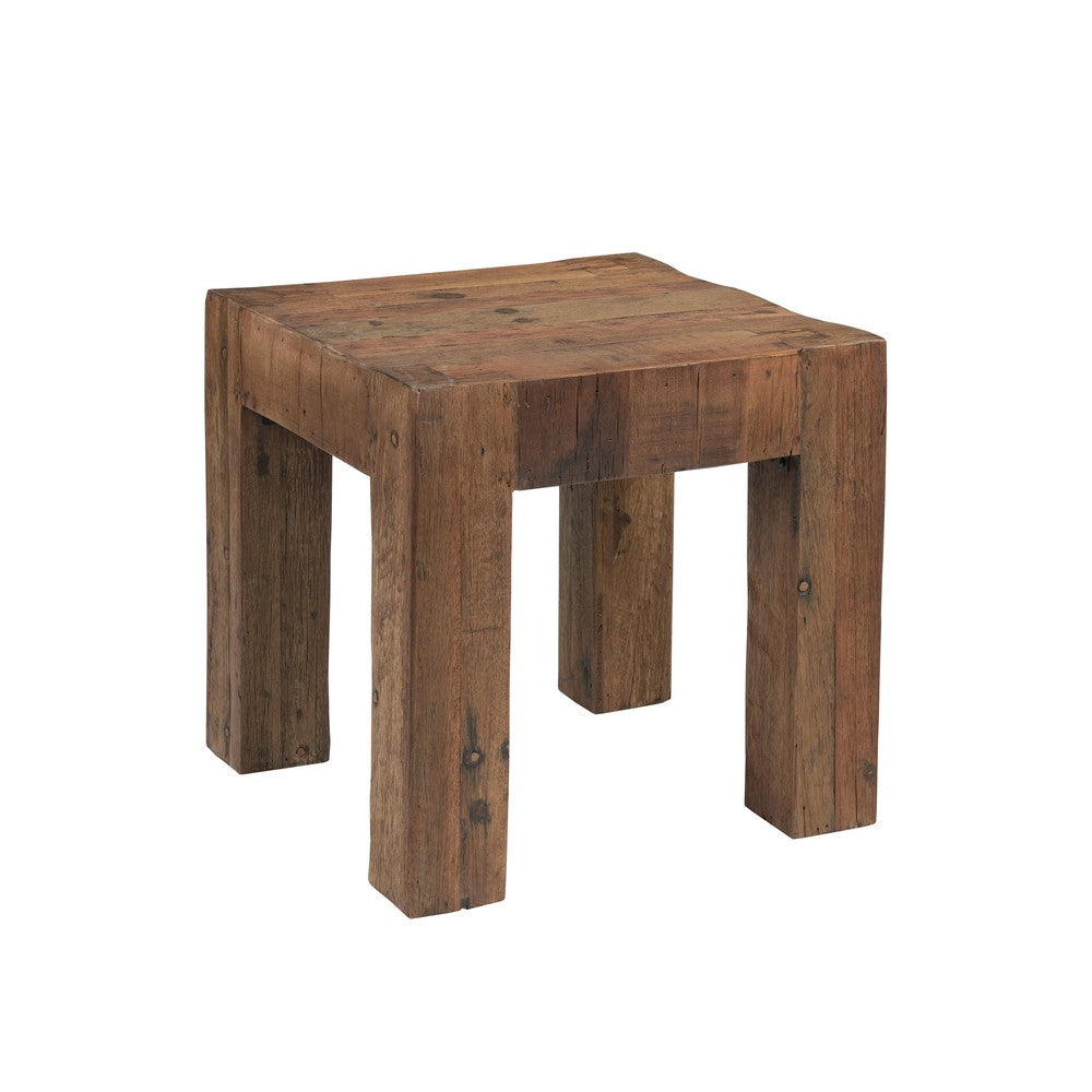 Kiosk Side End Table, Reclaimed Wood, Rustic Brown Finish, Chunky Block Legs, 20 Inch-UPT-352088