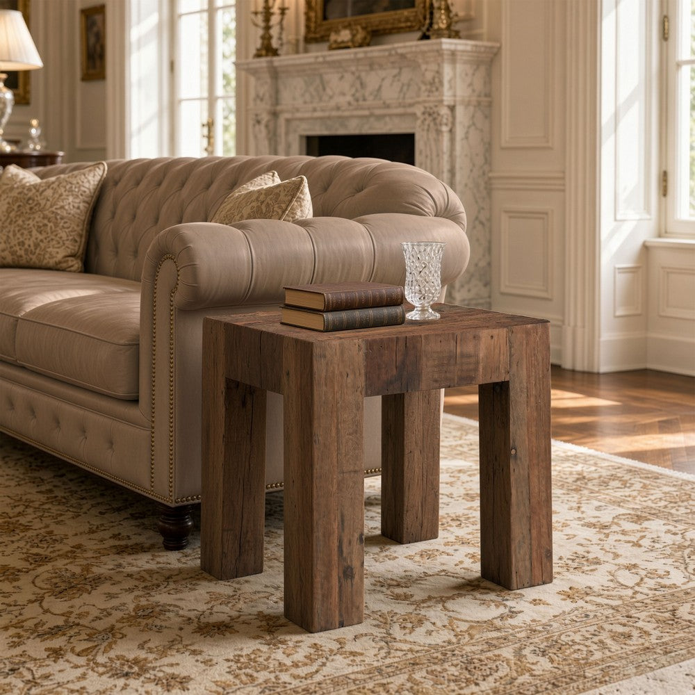 Kiosk Side End Table, Reclaimed Wood, Rustic Brown Finish, Chunky Block Legs, 20 Inch-UPT-352088