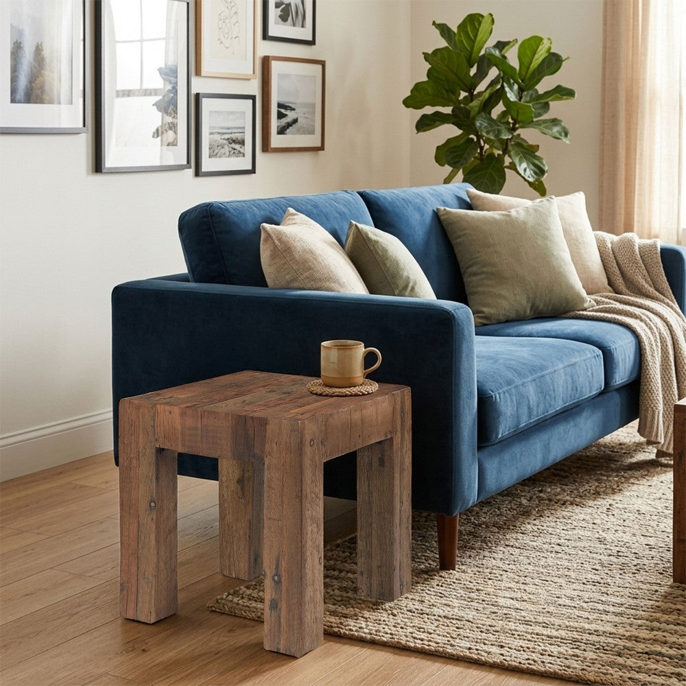 Kiosk Side End Table, Reclaimed Wood, Rustic Brown Finish, Chunky Block Legs, 20 Inch-UPT-352088