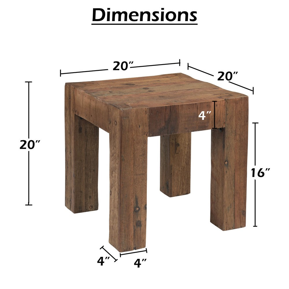 Kiosk Side End Table, Reclaimed Wood, Rustic Brown Finish, Chunky Block Legs, 20 Inch-UPT-352088