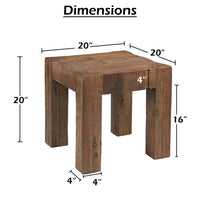 Kiosk Side End Table, Reclaimed Wood, Rustic Brown Finish, Chunky Block Legs, 20 Inch-UPT-352088