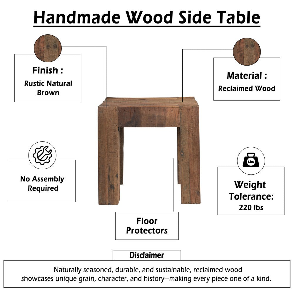 Kiosk Side End Table, Reclaimed Wood, Rustic Brown Finish, Chunky Block Legs, 20 Inch-UPT-352088