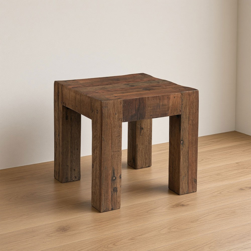 Kiosk Side End Table, Reclaimed Wood, Rustic Brown Finish, Chunky Block Legs, 20 Inch-UPT-352088