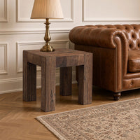 Kiosk Side End Table, Reclaimed Wood, Rustic Brown Finish, Chunky Block Legs, 20 Inch-UPT-352088