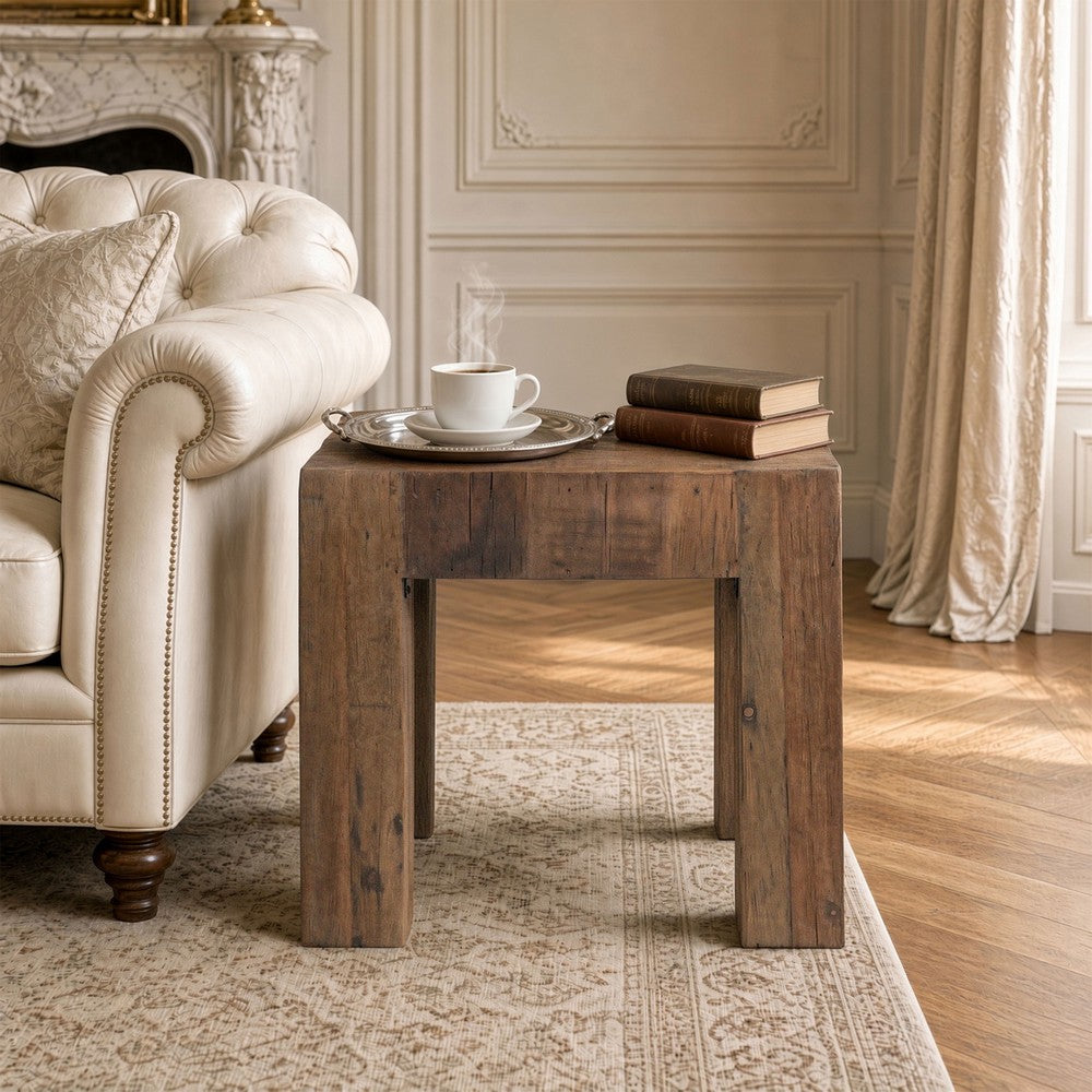 Kiosk Side End Table, Reclaimed Wood, Rustic Brown Finish, Chunky Block Legs, 20 Inch-UPT-352088