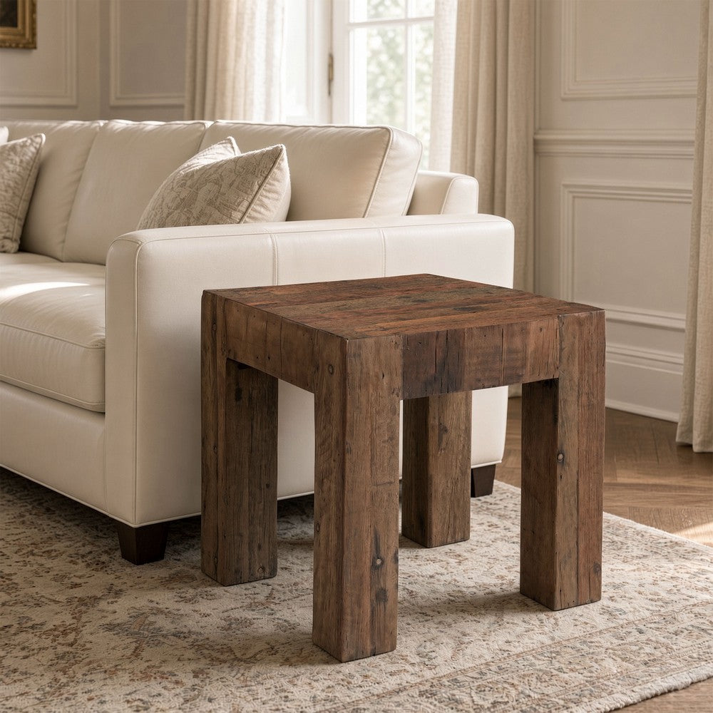Kiosk Side End Table, Reclaimed Wood, Rustic Brown Finish, Chunky Block Legs, 20 Inch-UPT-352088
