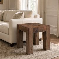 Kiosk Side End Table, Reclaimed Wood, Rustic Brown Finish, Chunky Block Legs, 20 Inch-UPT-352088