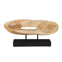 Kyni 24 Inch Natural Brown Acacia Wood Tabletop Sculpture, Organic Oval Decor, Black Iron Base - UPT-352584
