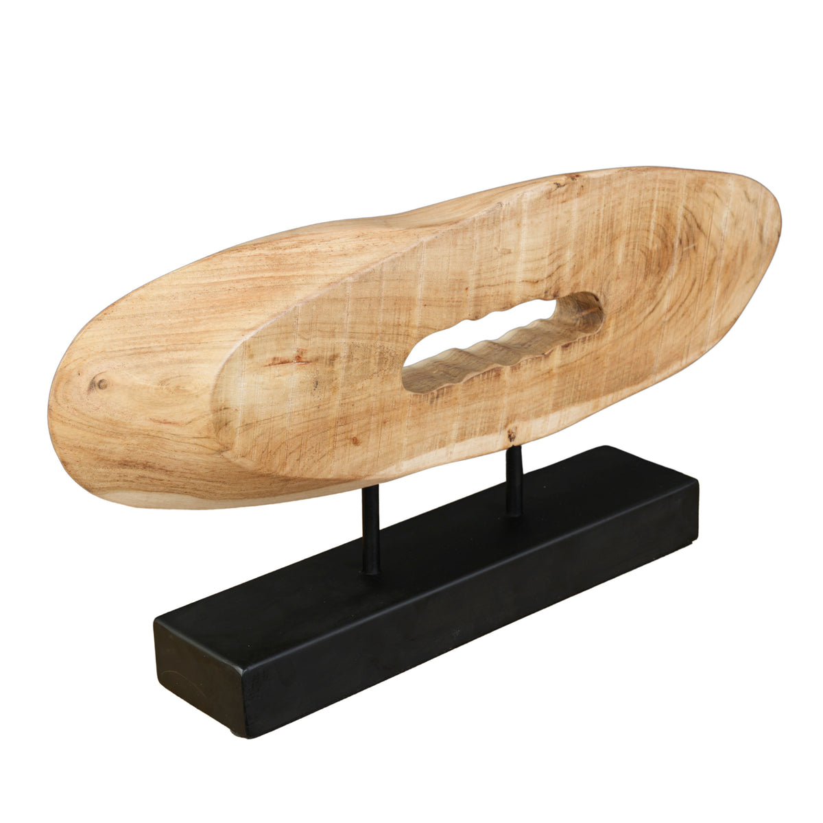 Kyni 24 Inch Natural Brown Acacia Wood Tabletop Sculpture, Organic Oval Decor, Black Iron Base - UPT-352584