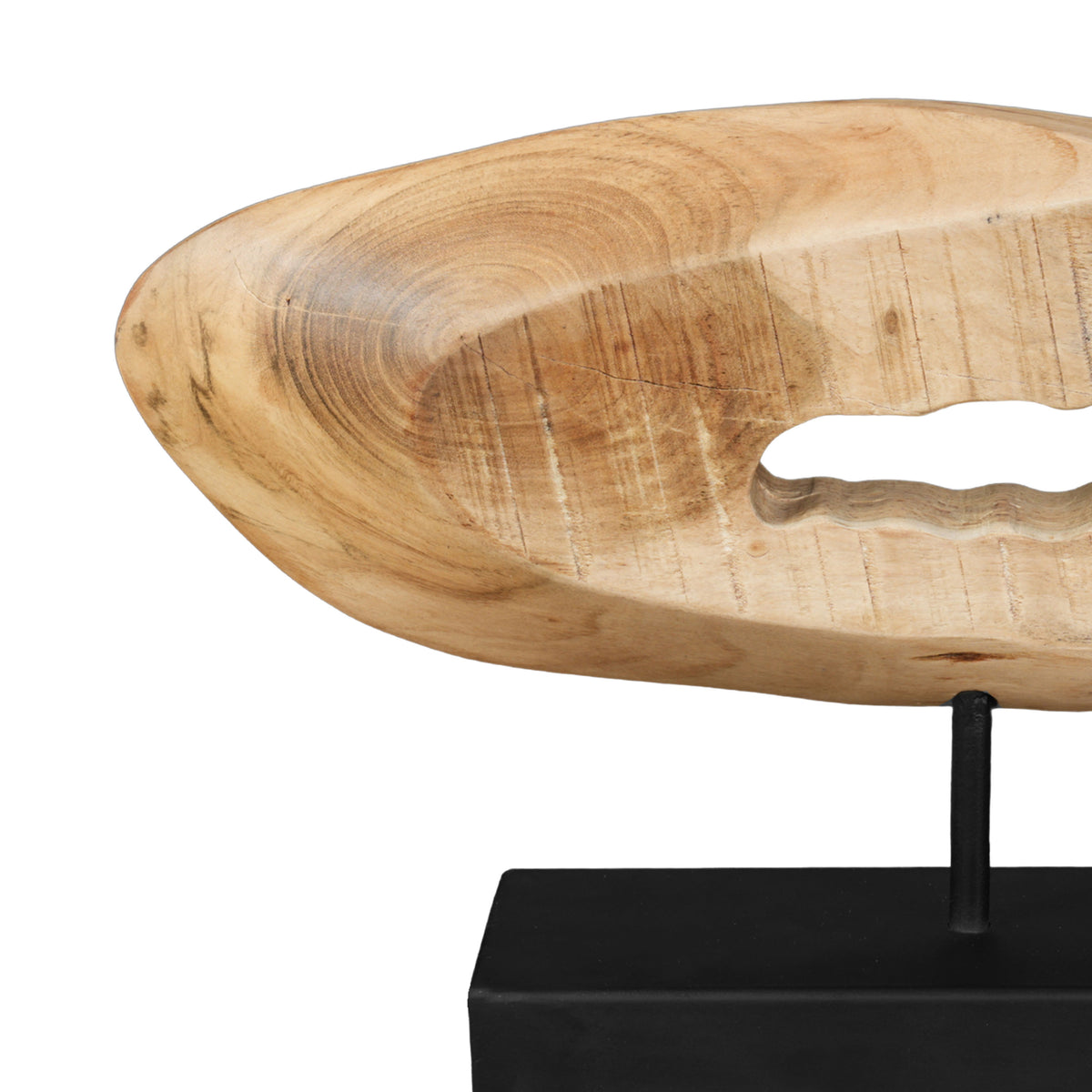 Kyni 24 Inch Natural Brown Acacia Wood Tabletop Sculpture, Organic Oval Decor, Black Iron Base - UPT-352584
