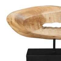 Kyni 24 Inch Natural Brown Acacia Wood Tabletop Sculpture, Organic Oval Decor, Black Iron Base - UPT-352584