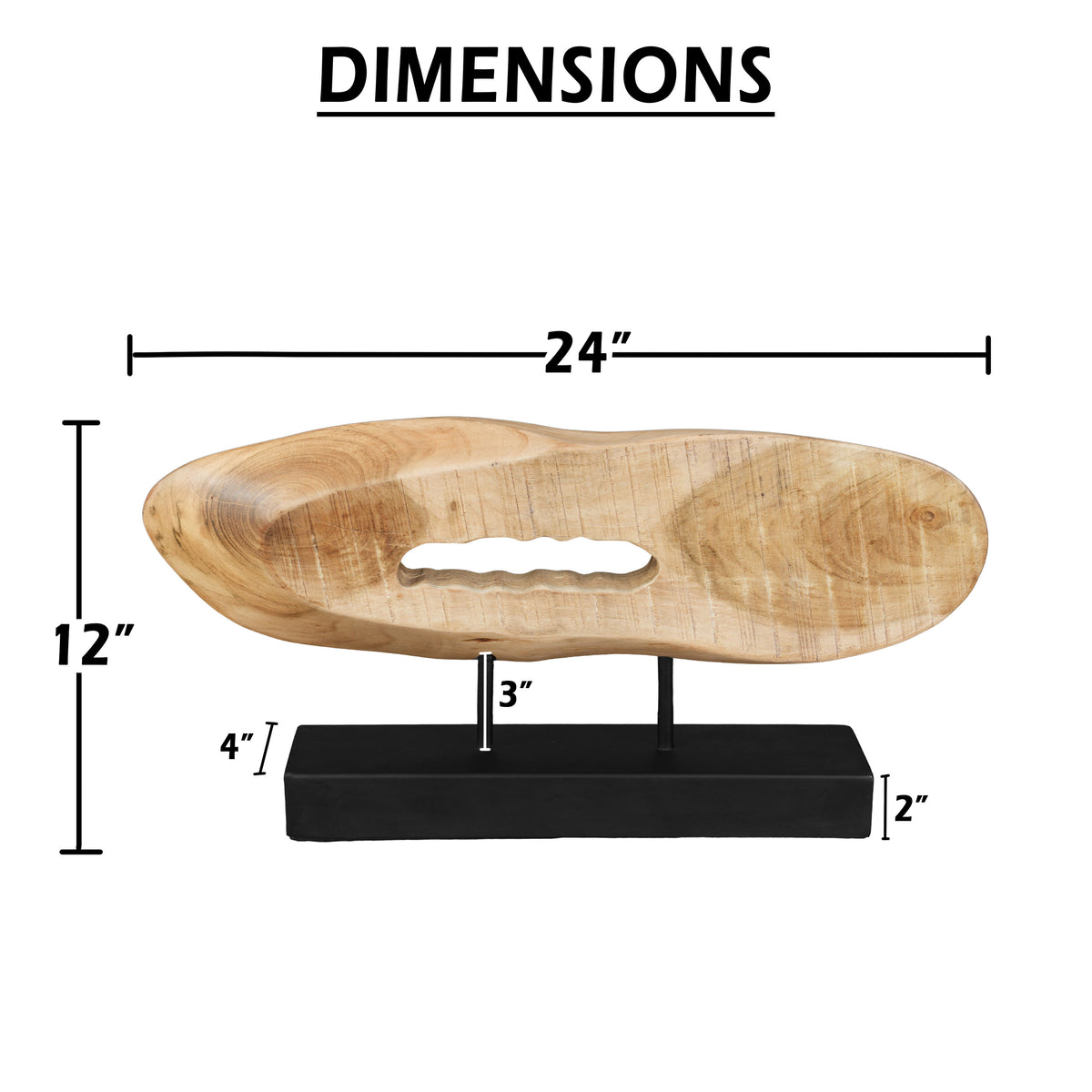 Kyni 24 Inch Natural Brown Acacia Wood Tabletop Sculpture, Organic Oval Decor, Black Iron Base - UPT-352584