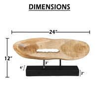 Kyni 24 Inch Natural Brown Acacia Wood Tabletop Sculpture, Organic Oval Decor, Black Iron Base - UPT-352584