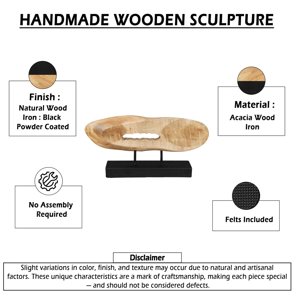 Kyni 24 Inch Natural Brown Acacia Wood Tabletop Sculpture, Organic Oval Decor, Black Iron Base - UPT-352584