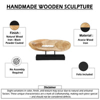 Kyni 24 Inch Natural Brown Acacia Wood Tabletop Sculpture, Organic Oval Decor, Black Iron Base - UPT-352584