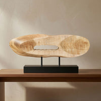Kyni 24 Inch Natural Brown Acacia Wood Tabletop Sculpture, Organic Oval Decor, Black Iron Base - UPT-352584