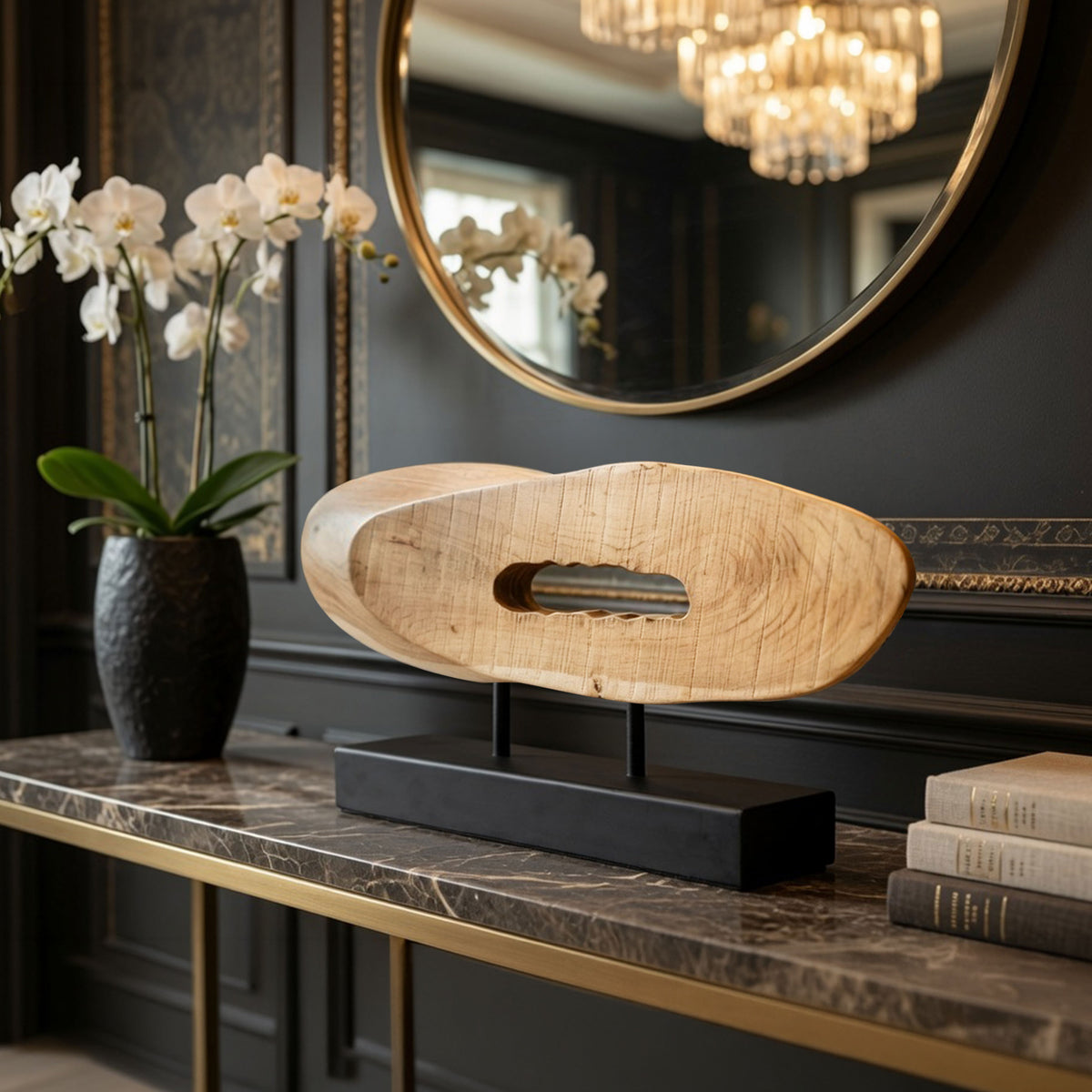 Kyni 24 Inch Natural Brown Acacia Wood Tabletop Sculpture, Organic Oval Decor, Black Iron Base - UPT-352584