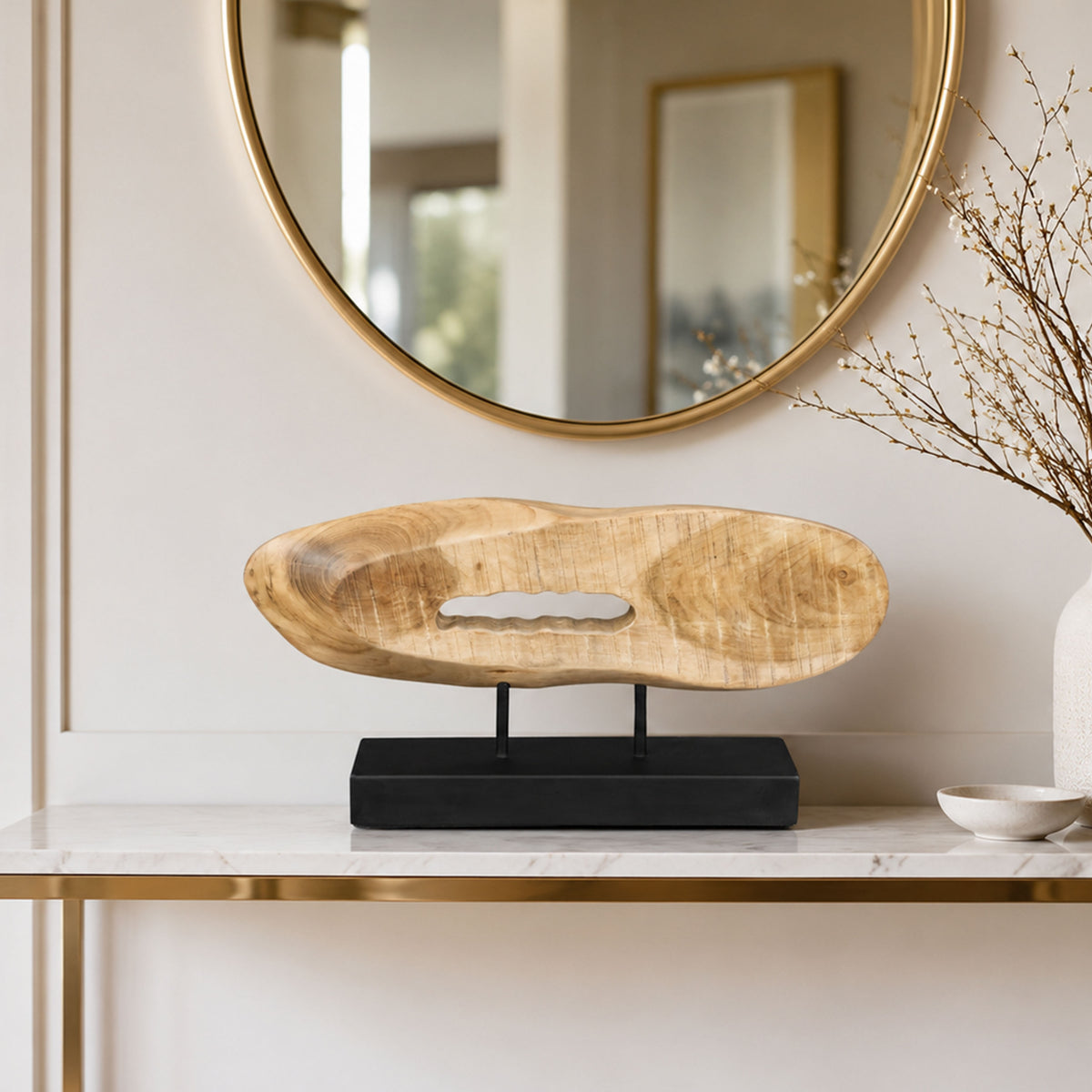 Kyni 24 Inch Natural Brown Acacia Wood Tabletop Sculpture, Organic Oval Decor, Black Iron Base - UPT-352584
