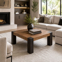 Kisa 44 Inch Square Coffee Table, Sandblasted Block Legs, Coffee Brown Mango Wood - UPT-352585