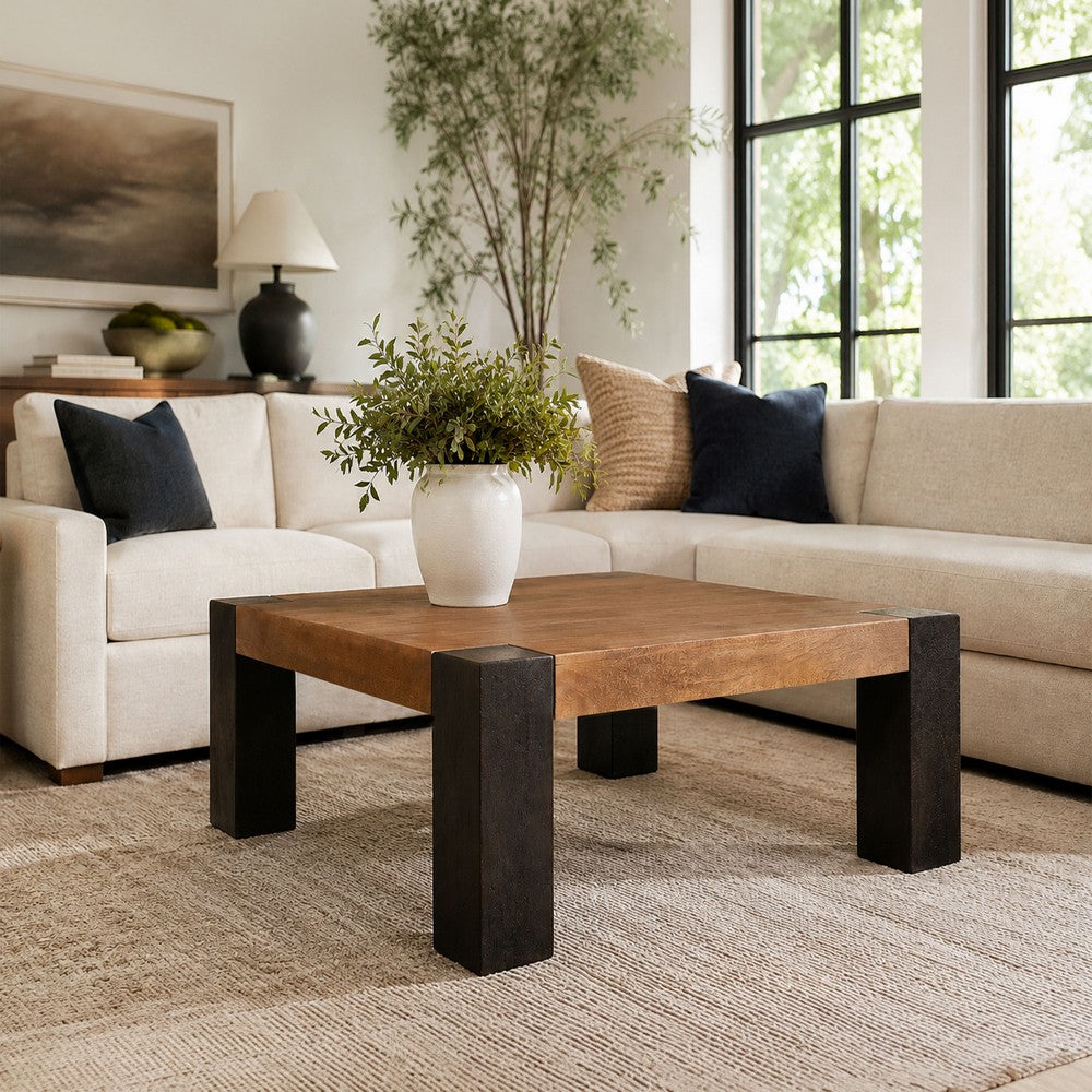 Kisa 44 Inch Square Coffee Table, Sandblasted Block Legs, Coffee Brown Mango Wood - UPT-352585