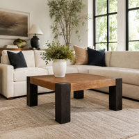Kisa 44 Inch Square Coffee Table, Sandblasted Block Legs, Coffee Brown Mango Wood - UPT-352585