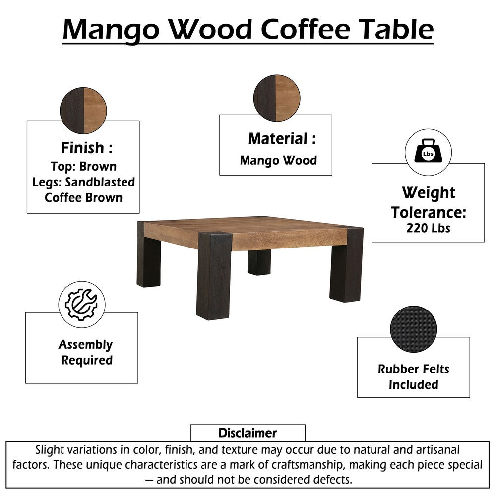 Kisa 44 Inch Square Coffee Table, Sandblasted Block Legs, Coffee Brown Mango Wood - UPT-352585