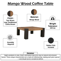 Kisa 44 Inch Square Coffee Table, Sandblasted Block Legs, Coffee Brown Mango Wood - UPT-352585