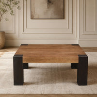 Kisa 44 Inch Square Coffee Table, Sandblasted Block Legs, Coffee Brown Mango Wood - UPT-352585