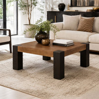 Kisa 44 Inch Square Coffee Table, Sandblasted Block Legs, Coffee Brown Mango Wood - UPT-352585