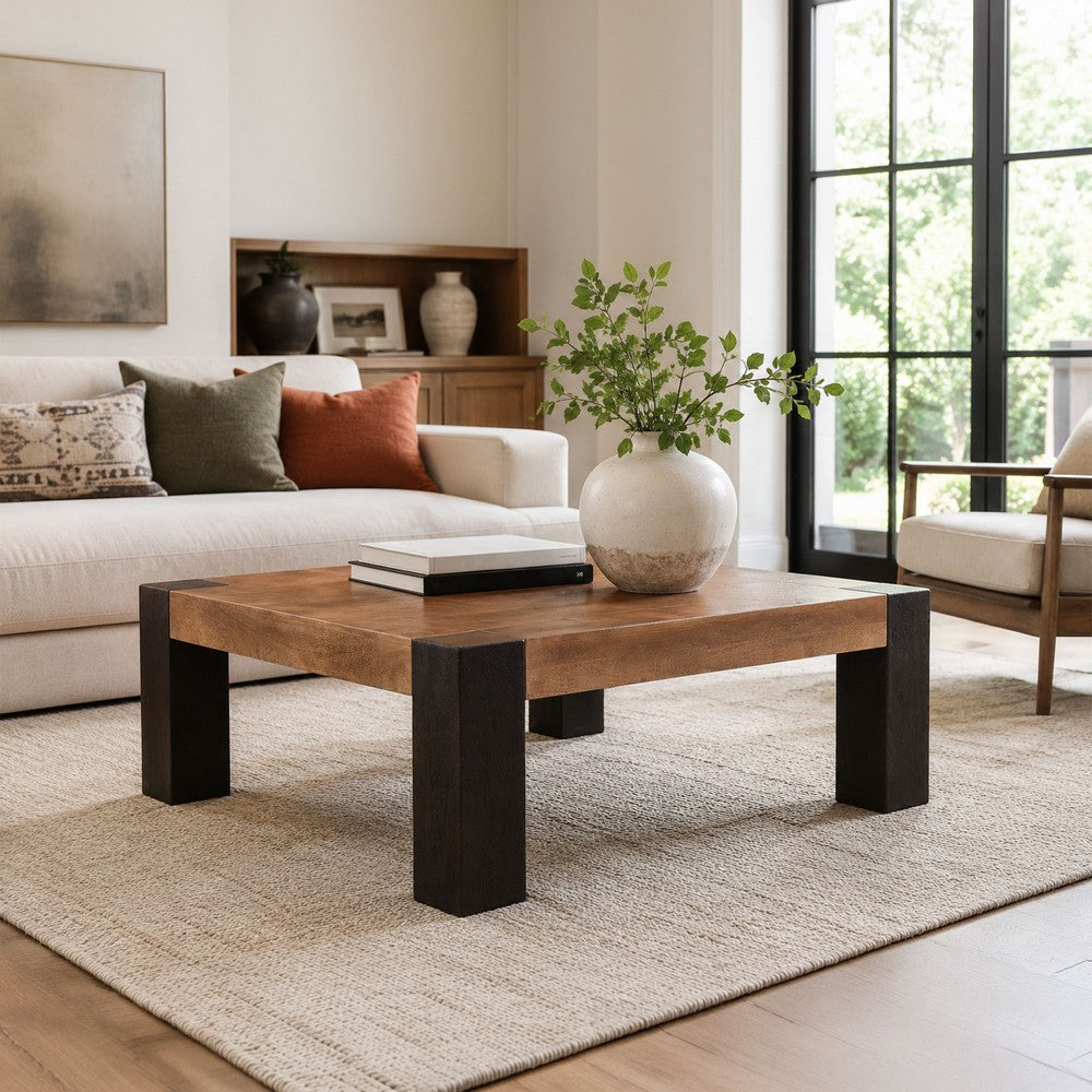 Kisa 44 Inch Square Coffee Table, Sandblasted Block Legs, Coffee Brown Mango Wood - UPT-352585