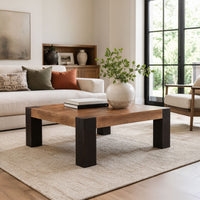 Kisa 44 Inch Square Coffee Table, Sandblasted Block Legs, Coffee Brown Mango Wood - UPT-352585